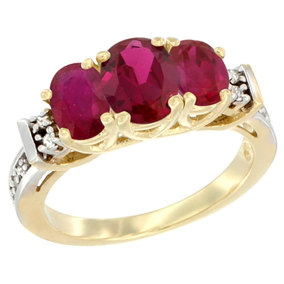 14K Yellow Gold Natural High Quality Ruby Ring 3-Stone Oval Diamond Accent, size 5