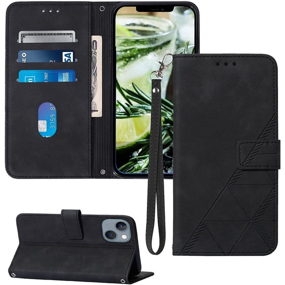 Compatible for iPhone 13 Mini Wallet Case,[Kickstand][Wrist Strap][Card Holder Slots] TPU Interior Protective 13 Mini Phone Case,PU Leather Folio Flip Cover for iPhone Mini 13 Case (Black)