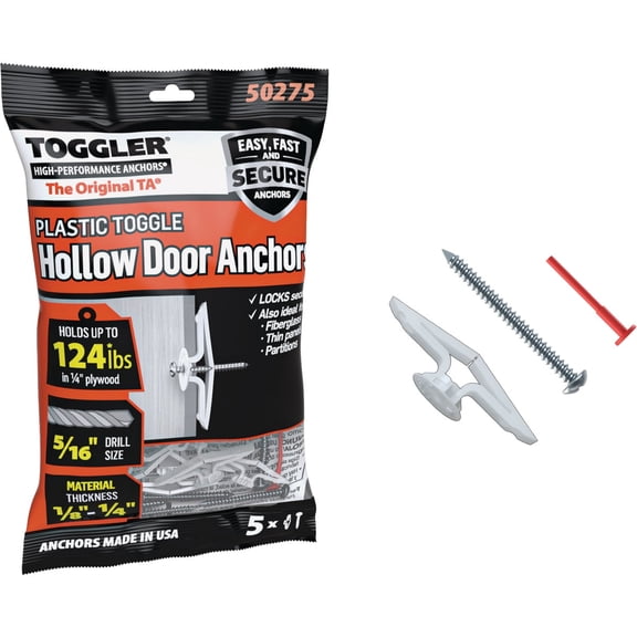 TOGGLER Toggle TA Hollow-Door Anchor with Screws, Polypropylene, Made in US, 1/8" to 1/4" Grip Range, For #8 to #12 Fastener Sizes Pack of 5