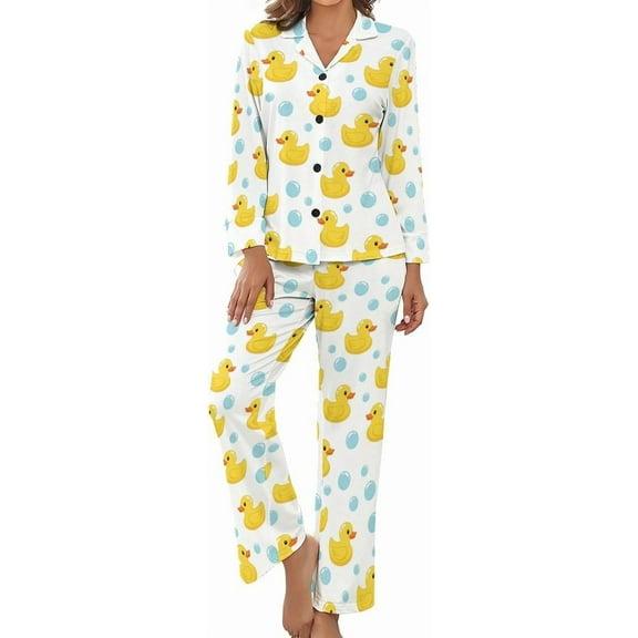 Top-kevin Women Long Sleeve Pajama Set Comfy Pjs Sets Rubber Ducks Bubbles 2 Piece Lounge Set