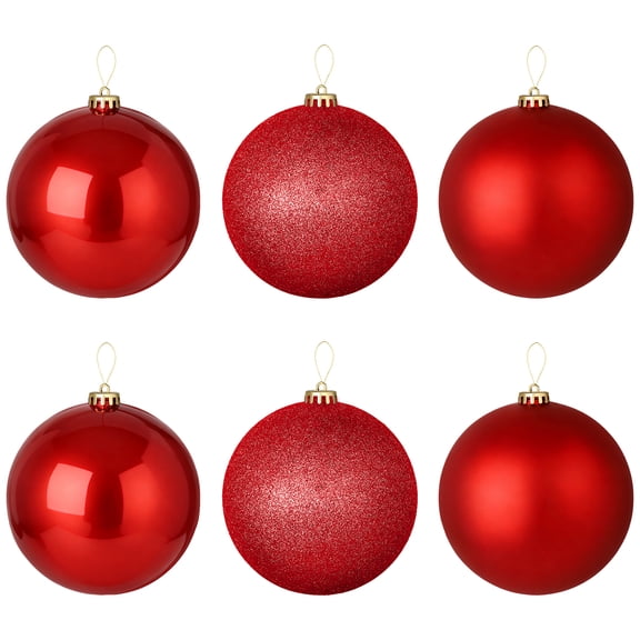 LAMPHOME 6PK 8" Shatterproof Christmas Ball Ornaments, Glossy & Matte & Glitter Red Assortment, Festive Xmas Tree Decor for Holiday Celebration