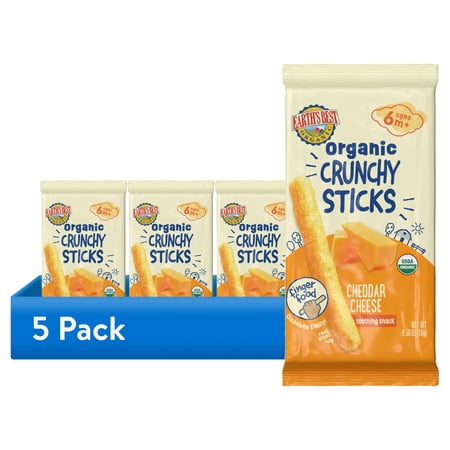 (5 pack) Earth's Best Organic Teething Crunchy Sticks Cheddar Cheese Puffed Baby Snack, 0.56 oz Bag
