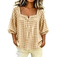 thumbnail image 2 of Yrmaups Women Plus Size Square Neck 3/4 Sleeve Blouse, Loose Fit Button Plaid Top, Soft Casual Tee for Summer Office Daily Wear, Khaki 4XL, 2 of 5