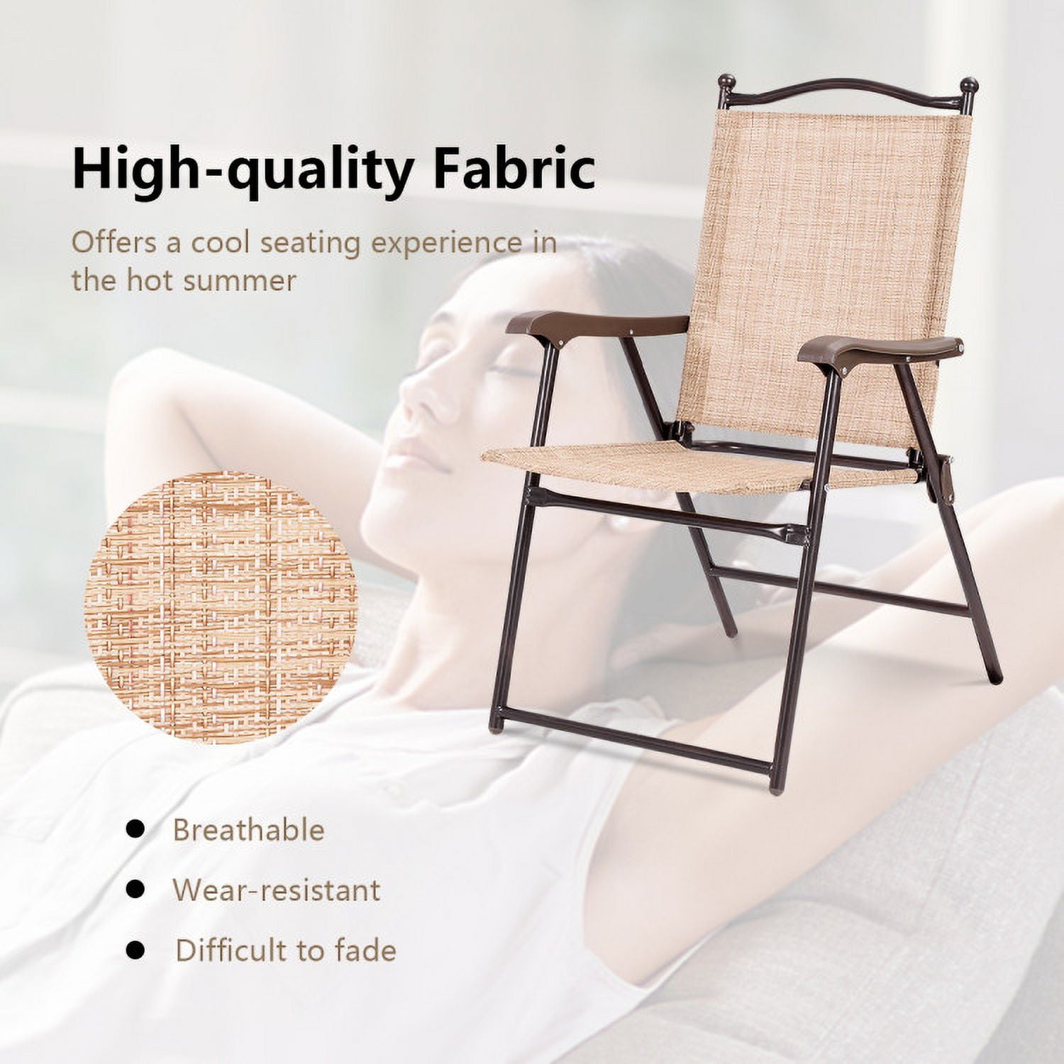 Aimee Lii Set of 2 Patio Folding Sling Back Camping Deck Chairs, Outdoor Patio Set, Beige