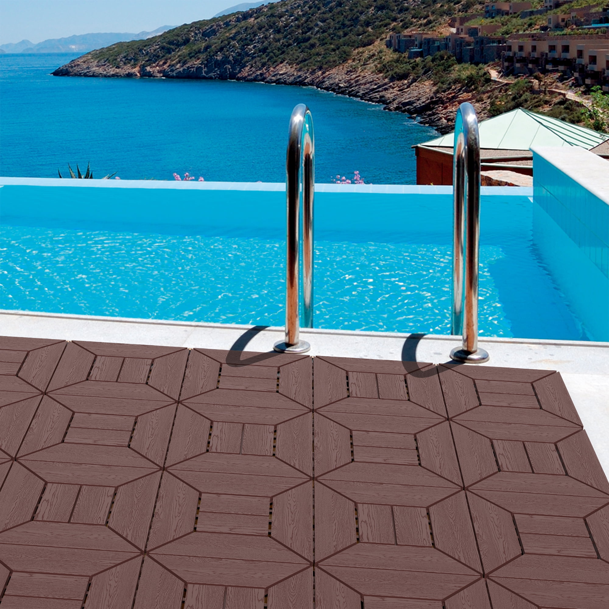 12 Inch Balcony Deck Tiles 44 Pieces Brown DIY Interlocking Floor Tiles PP Indoor Outdoor Patio Tiles for Poolside Balcony Backyard Easy Quick Installation