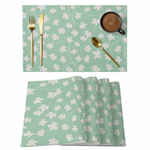 Autumn Leaf Placemats Set of 4, Green Maple Fallen Leaves Solid Color Placemats for Dining Table, Place Mats for Kitchen Tabletop, Waterproof Wipeable Dining Table Mats Set