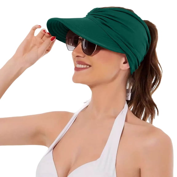 Womens Wide Brim Sun Hat UPF 50 Breathable Beach Outdoor Summer Adjustable Sunscreen Visor Stylish Travel Fishing Tennis Ponytail Sport CapGreenOne Size