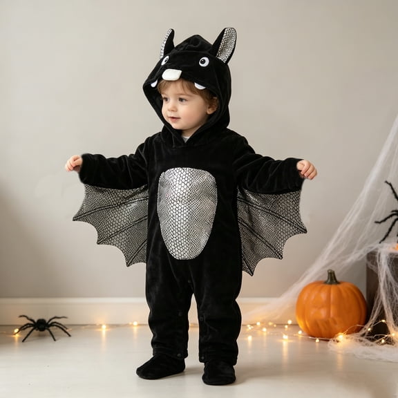 YUANxueke Bat Costume for Kids Velour Long Sleeve Hooded Romper Cute Party Jumpsuit Outfits Black,18 Months
