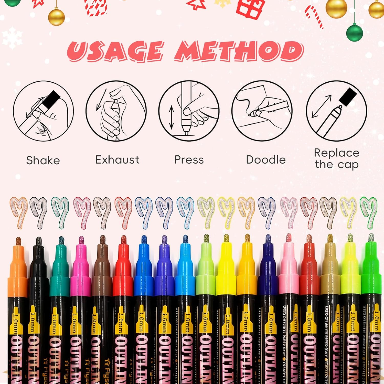 Marker Pen for Highlight, 2025 Dual-Line Outline Shimmer Markers Set, Metallic Paint Markers for DIY Art Crafts Drawing Supplies, Scrapbook Supplies, Coloring, Gift (18 Colors)