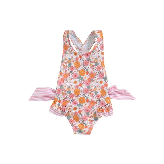 Suealasg Little Girl Summer One Piece Swimsuit Sleeveless Floral Stripes Monokini Swimwear 1T 2T 3T 4T 5T Kids Toddler Girls Bathing Suit Beach Wear