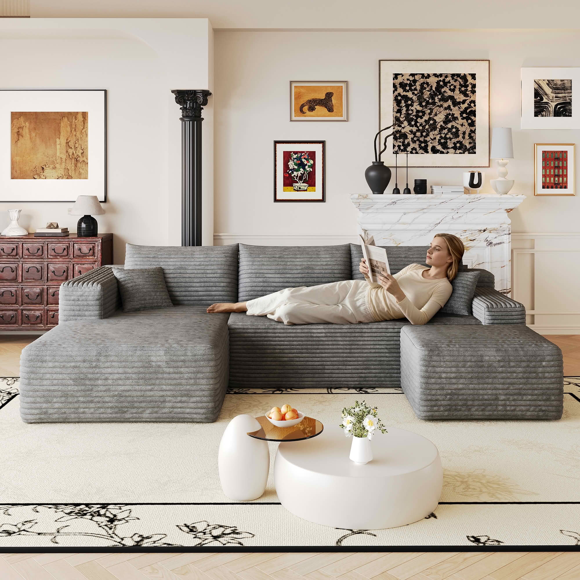 MAYEERTY 103 Inch Cloud L Shaped Sectional Sofa, Plush Corduroy Deep Seat Corner Couch, No Assembly Modern Minimalist Sofa for Living Room Apartment