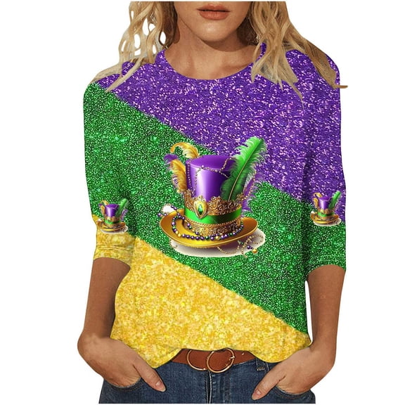 Byworldtasic Mardi Gras 3/4 Sleeve Tops for Women Fashion Sequins Round Neck Printed Blouses