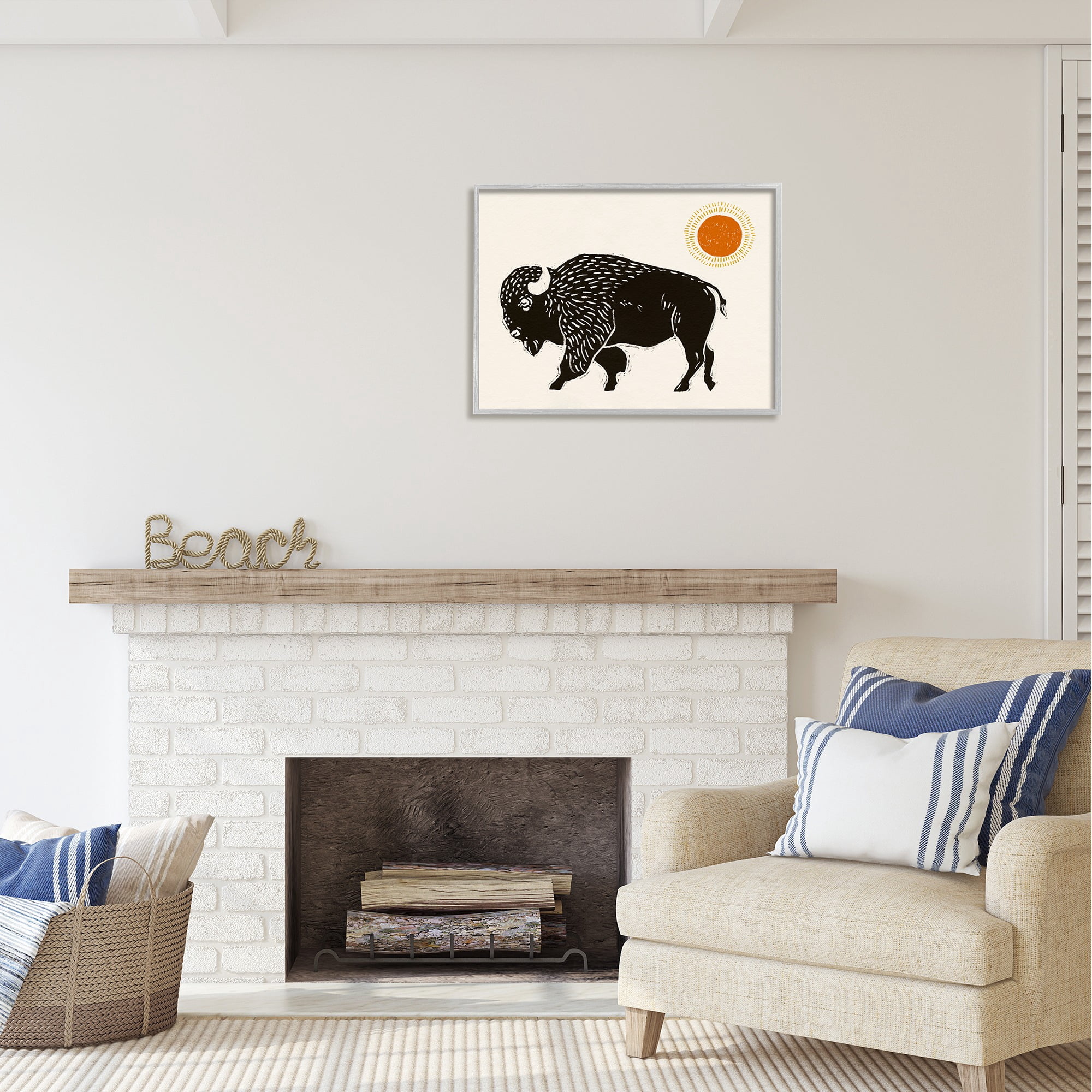 Stupell Industries Boho Bison Facing Left Animals & Insects Painting Gray Framed Art Print Wall Art, 30 x 24