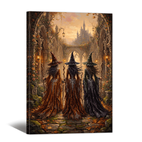 Spooky Gothic Wandering Witches Canvas Wall Art in Dusk Forest Prints Shadowed Retro Fantasy Oil Painting, Halloween Gift for Living Room Bedroom