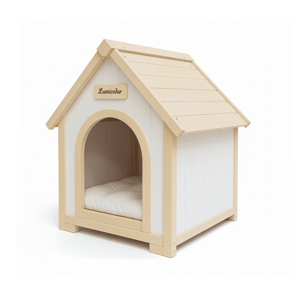 Solid Cedar Pet House – Cream-Yellow Cabin-Style Indoor Shelter for Small Dogs and Cats