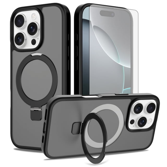 Asuwish Phone Case for iPhone 16 Pro 6.3 inch Tempered Glass Screen Protector Magnetic Folding Stand Frosted Translucent Rugged Shockproof Protective Cell Cover i Phone16 i16 16Pro Women Men Black