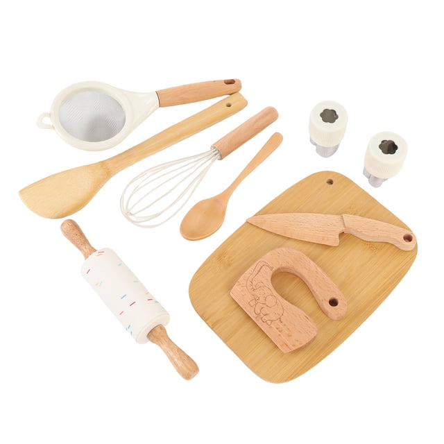 10PCS Wooden Play Kitchen Accessories Toys with Chopping Board Spoon Shovel Pretend Cookware Cooking Utensils Play Set