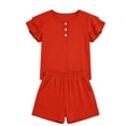 thumbnail image 4 of LIIPEE Girls Outfit Sets Casual Summer Solid Color Crew Neck Ruffle Short Sleeve Buttons T Shirt Pockets Shorts 2 Piece Set Kids Comfortable Breathable Soft Cute Daily Clothing,Red,5-6 Years, 4 of 4