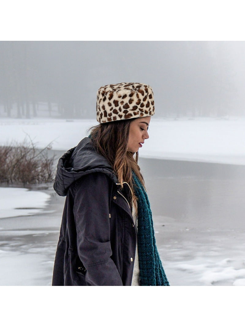 Women Black Leopard Warm Winter Hat Faux Fur Russian Cossack Style Russian Cossack Style Fuzzy Winter Hat for Women, Warm Plush  main image 4
