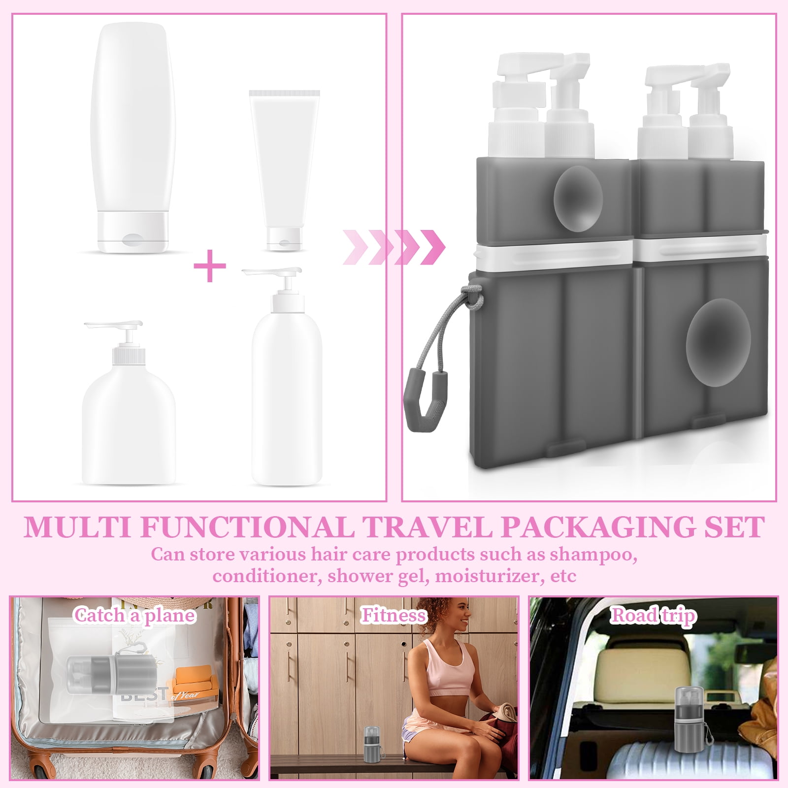 NUAHRHY 4-in-1 Travel Toiletry Container, 4 2Oz Leak Proof Travel Bottle Set with Suction Cup for Smooth Wall, Portable Refillable Dispenser Bottle for Shampoo Conditioner Body Wash Lotion