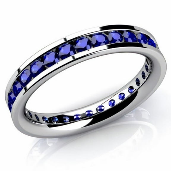 Classic Blue Sapphire Channel Set Eternity Band in 925 Sterling Silver – Stackable September Birthstone Ring for Women