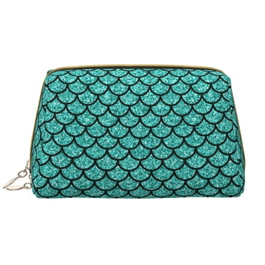 Aquamarine Glitter Makeup Bag, Large Capacity Travel Cosmetic Bag for Women Girls- Travel Toiletry Bag Leather Portable Waterproof Makeup Case Organizer with Handle