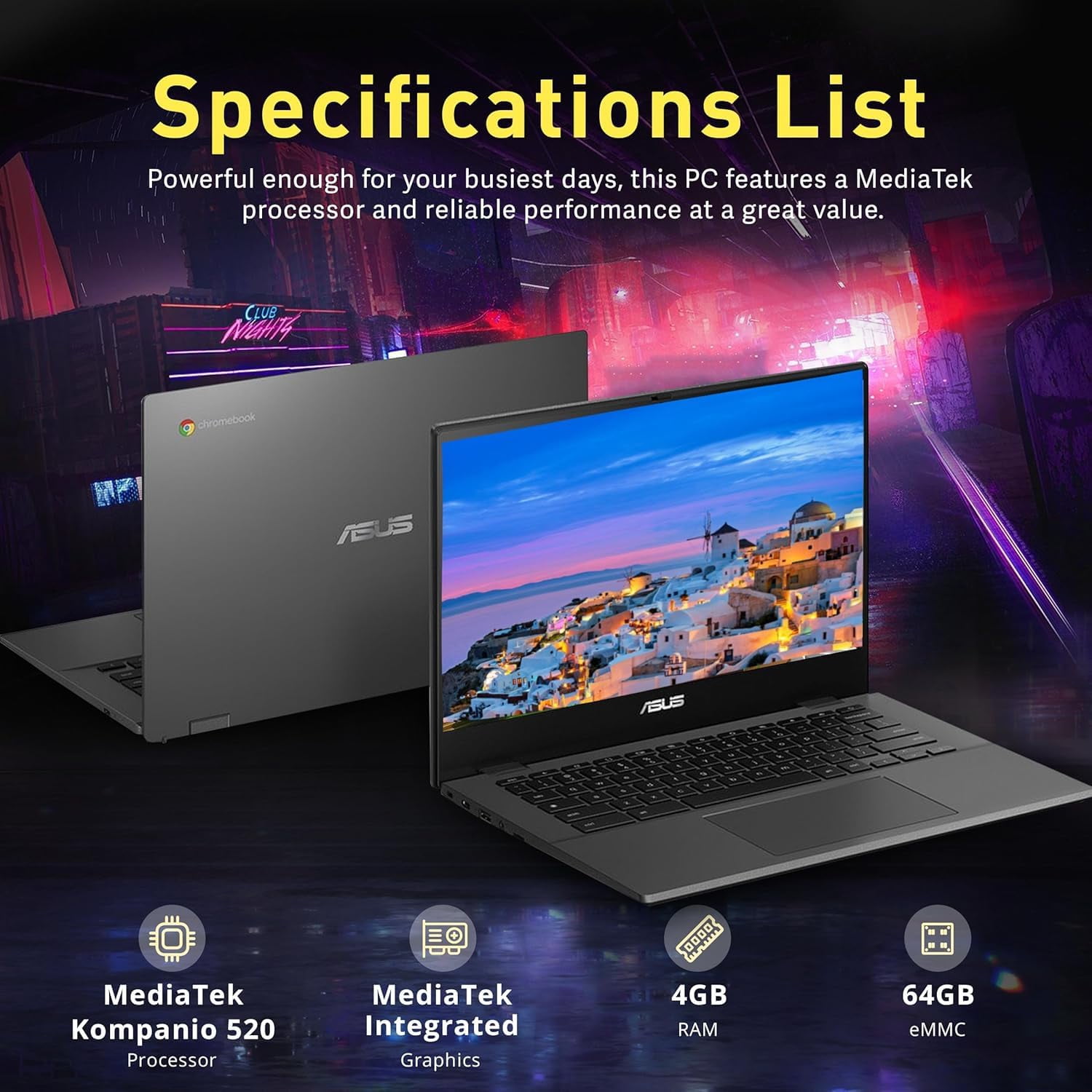 ASUS-Chromebook Laptop-Google Chrome - 8Core MediaTek Kompanio 520-14 inch FHD Display - USB C - Wi-Fi 6 - Long Battery Life - Student - 2024 (4GB RAM | 96GB Storage)