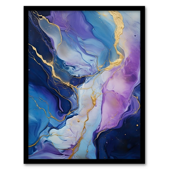 Purple Gold Blue Fluid Stone Crystal Abstract Artwork Painting Art Print Framed Poster Wall Decor 12x16 inch