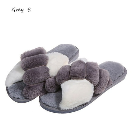 

Soft Slides Female House Slides Slip on Flats Indoor Platform Slipper Warm Shoes Faux Fur Slippers Winter Furry Slippers GREY S
