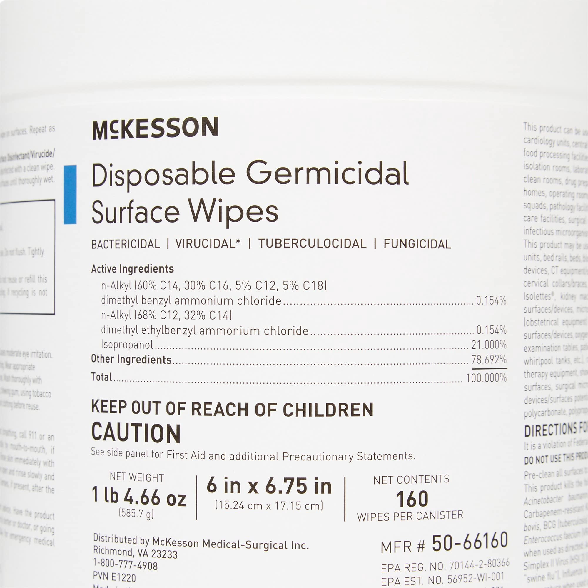 McKesson Germicidal Surface Wipes, Pre-Moistened Alcohol Cleaning Wipes for Hard Surfaces, Non-Woven Cloth - 6 in x 6 3/4 in, 160 Wipes, 1 Pack