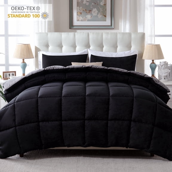Yalamila Queen Size Comforter Set 3-Piece All-Season Down Alternative Reversible Comforter Set,Black/Grey,200GSM Cooling Quilted Duvet Insert,95 GSM Soft Cover Bed in a Bag