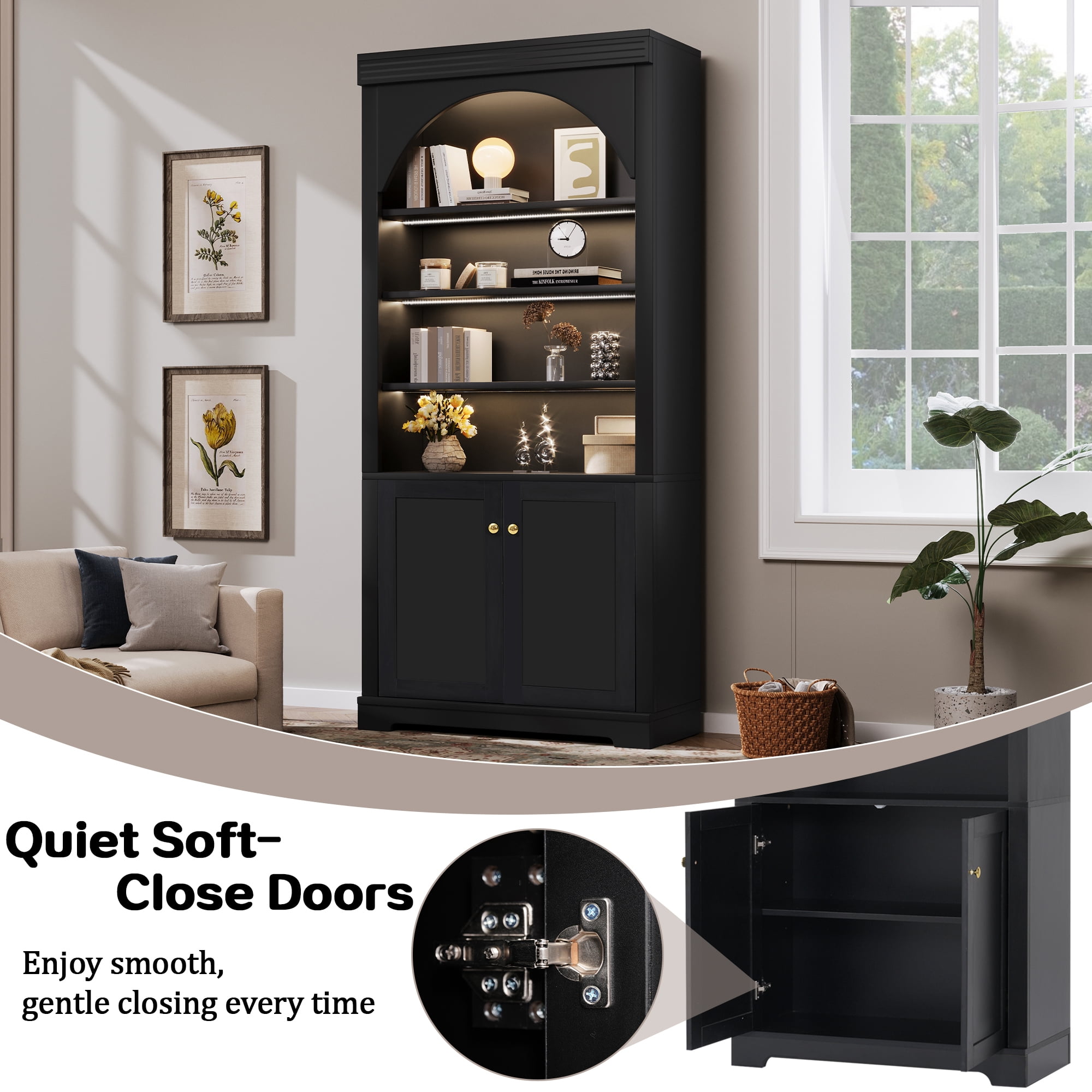 Euroco 70.8" Tall Bookcase with Doors,Mid-Century Modern 6-Tier Bookshelf with Storage,LED Lights & Adjustable Shelves,Display Shelf for Living Room,Kitchen,Home Office,Black