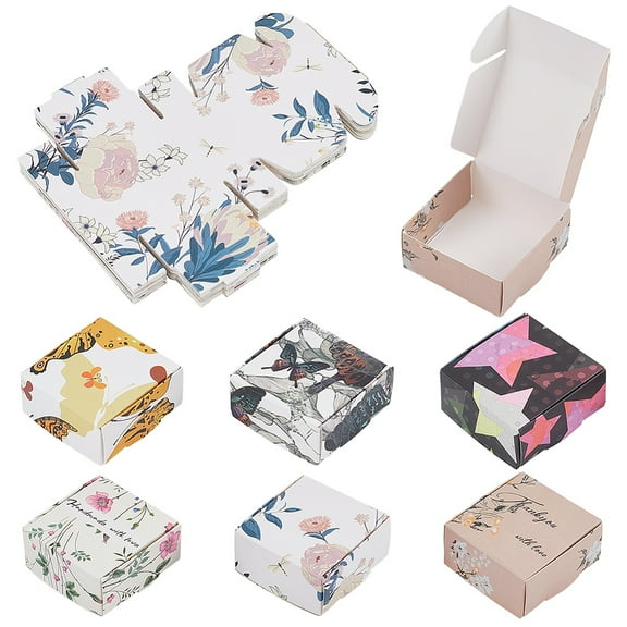 1Bag 36Pcs 6 Styles Square Paper Gift Boxes Folding Box for Gift Wrapping Floral & Butterfly & Star Pattern Mixed Patterns 5.6x5.6x2.55cm 6pcs/style