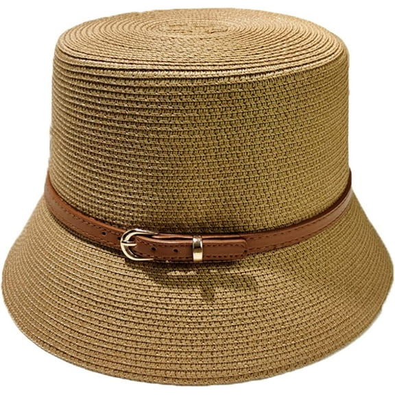 CoCopeaunts Women Summer Bucket Hat Brown Belt Buckle Decoration Flat Top Straw Bucket Cap Sun Protection Beach Fisherman Hat