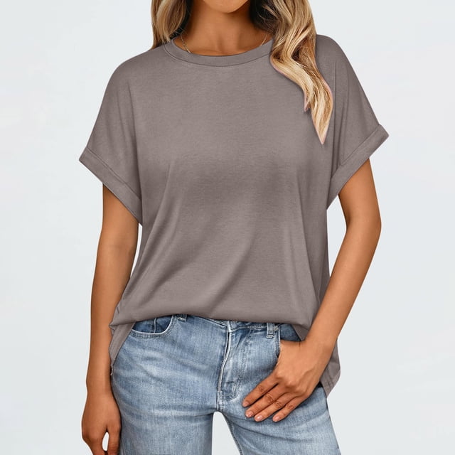 Binmer T-Shirt à Manches Courtes Décontracté pour Femme, Couleur Unie, Col Rond