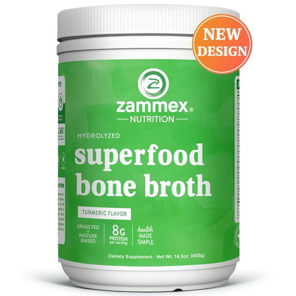 Zammex Bone Broth Protein Powder 14.3oz, Beef Superfood Bone Broth Hydrolyzed Collagen Peptides Type I& III With Vitamin D, 30 Servings, Turmeric Flavor