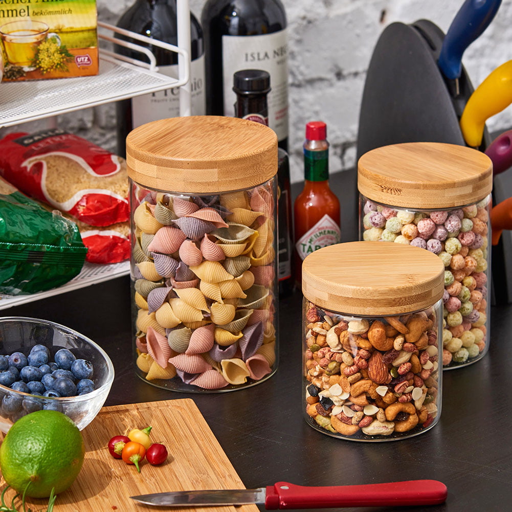 EZOWare 6 Piece Colorful Stackable Glass Jar Set, Square Air Tight Kitchen  Food Storage Canister with Lid for Candy Cookie Rice Sugar Flour Pasta Nuts  - 24oz 