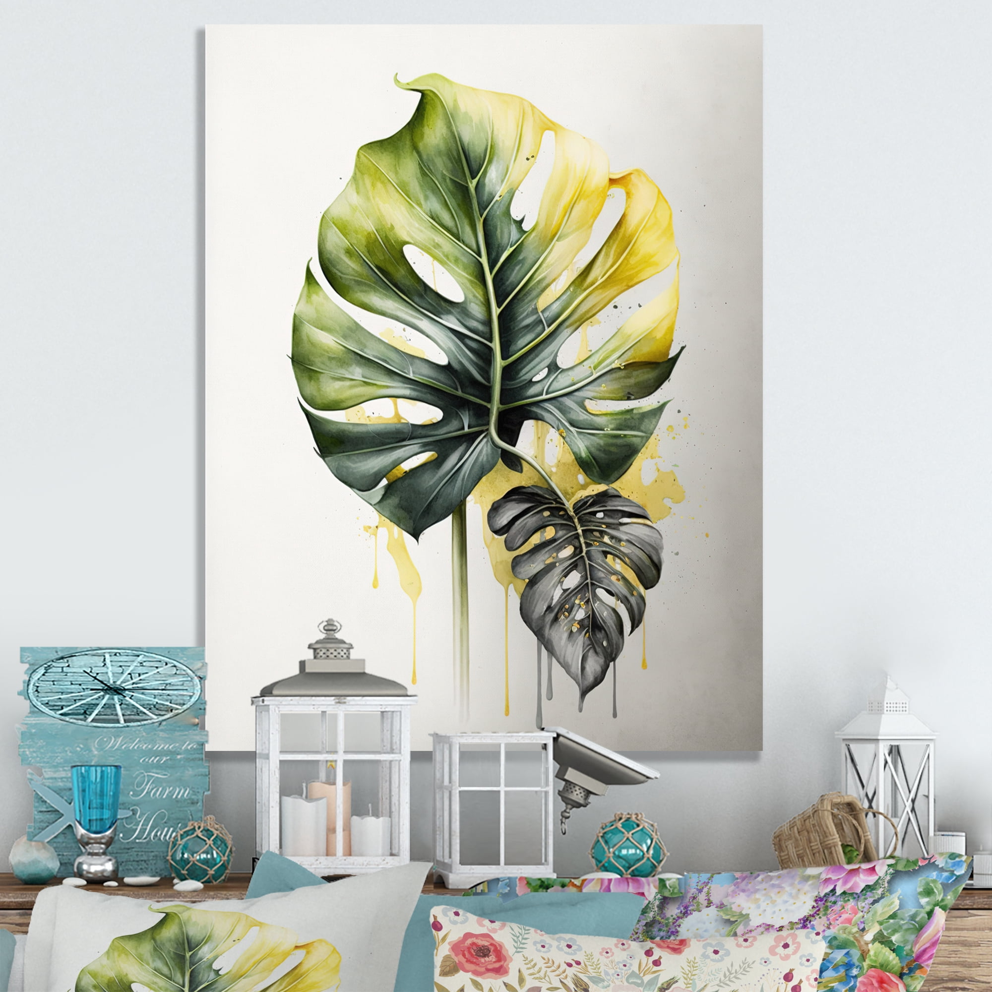 Designart Yellow And Grey Philodendron Leaf II Canvas Wall Art