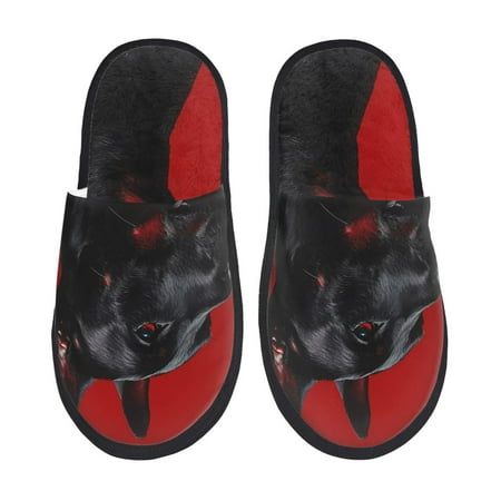 

Qekee Black Dog Red Background Print Furry Slippers for Women and Men House Slipper Funny Bedroom Slippers Indoor -Large