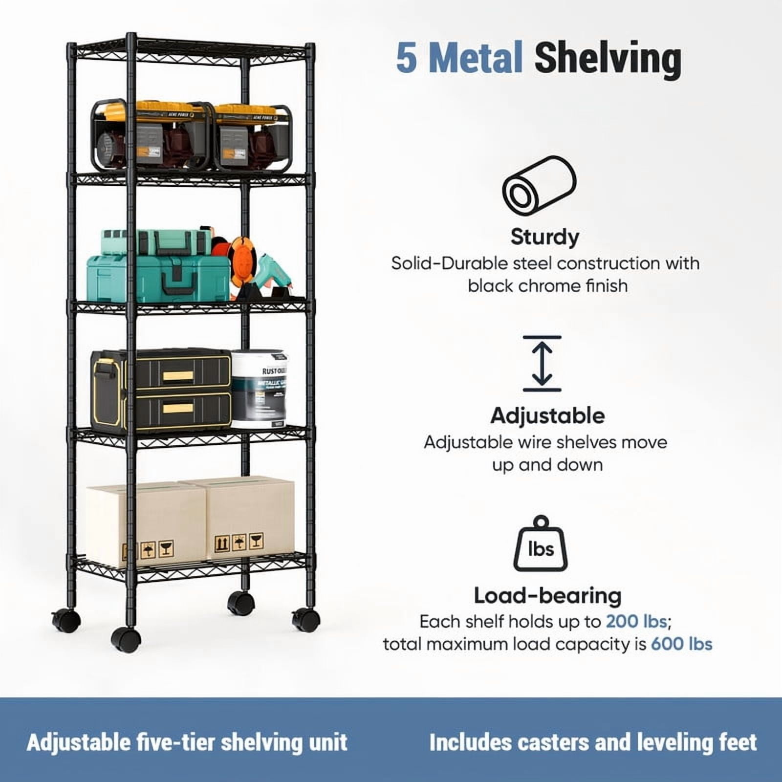 Kelno 5 Tier Wire Shelving with Lockable Wheels Adjustable Metal Storage Rack, Black