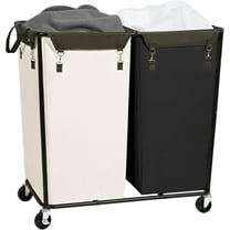 Commercial Laundry Hamper with Heavy Duty Steel Frame, 74 Gal. Industrial Laundry Basket Cart with Wheels for Hotel, Home, Laundry Room, Big Large Clothes Sorter, 2 Section Beige/Black