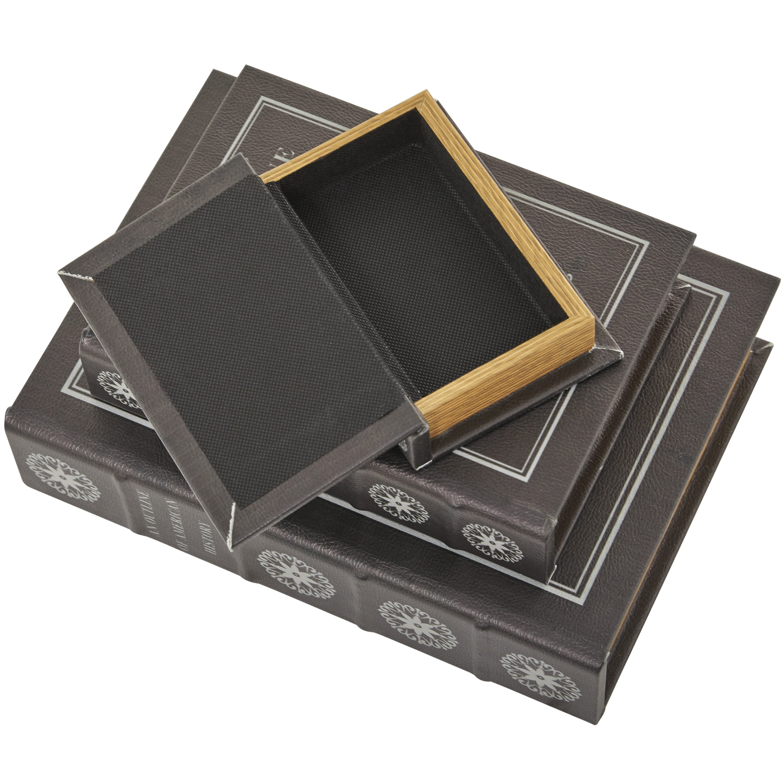 DecMode Faux Book Black Faux Leather Decorative Box, 3 Count