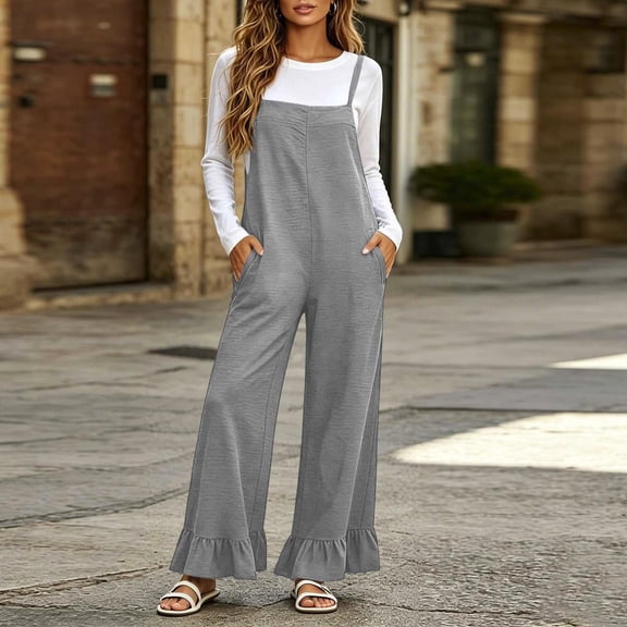 Women Adjustable Strap Wide Leg Jumpsuit Casual Loose Overalls Solid Color Romper with Pockets for Daily Wear