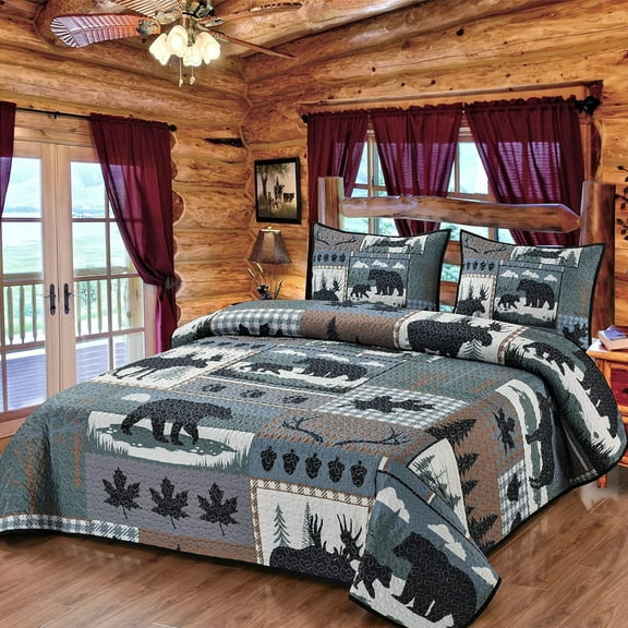 Woodland Symbols Quilt Queen Size Print Design, Cabin Lodge Quilted Bedspread Coverlet for All Season, 3-Piece Rustic Bedding Set and 2 Pillow Shams for Nature Lovers