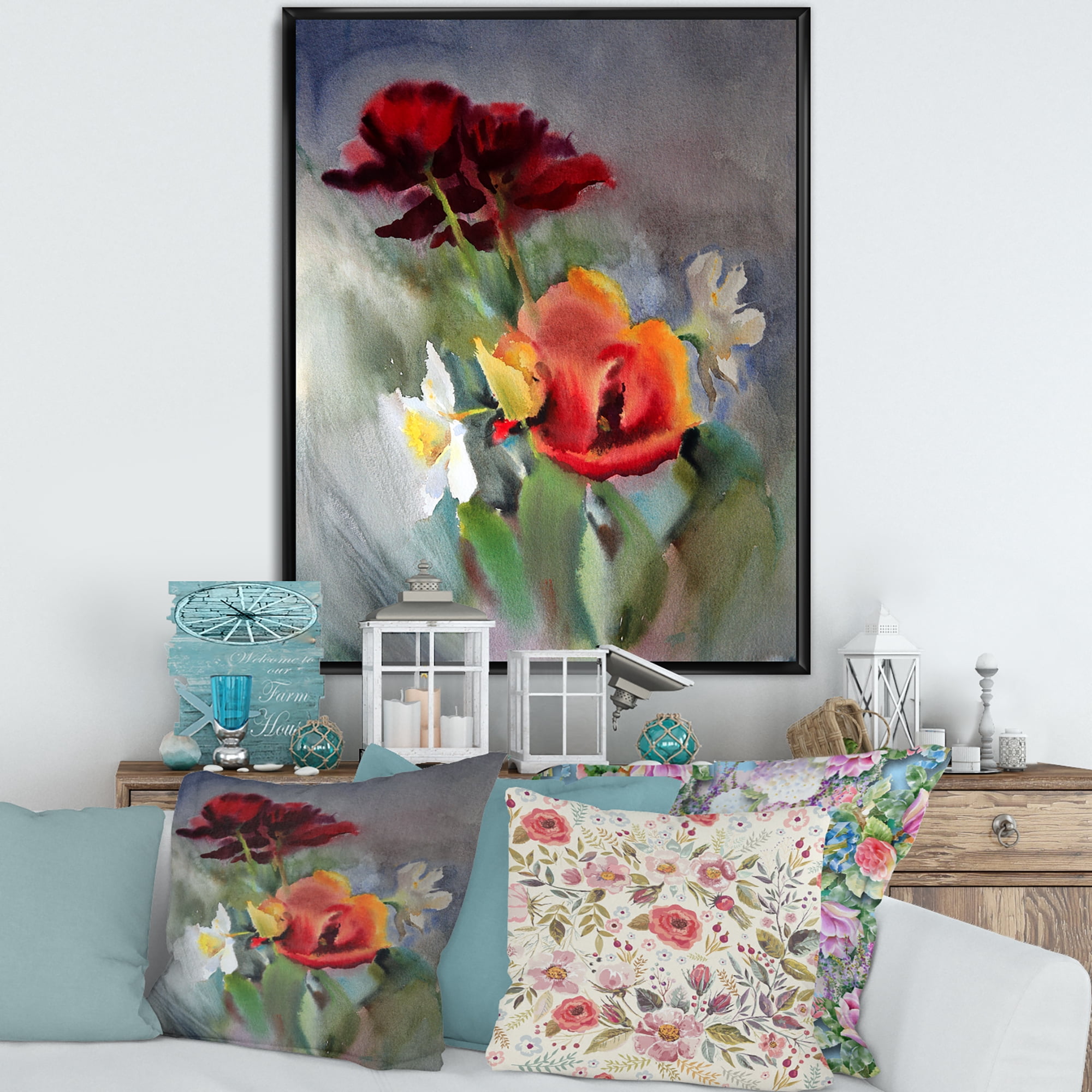 Blossoming Vibrant Red Wildflowers 24 in x 32 in Framed Painting Canvas Art Print, by Designart