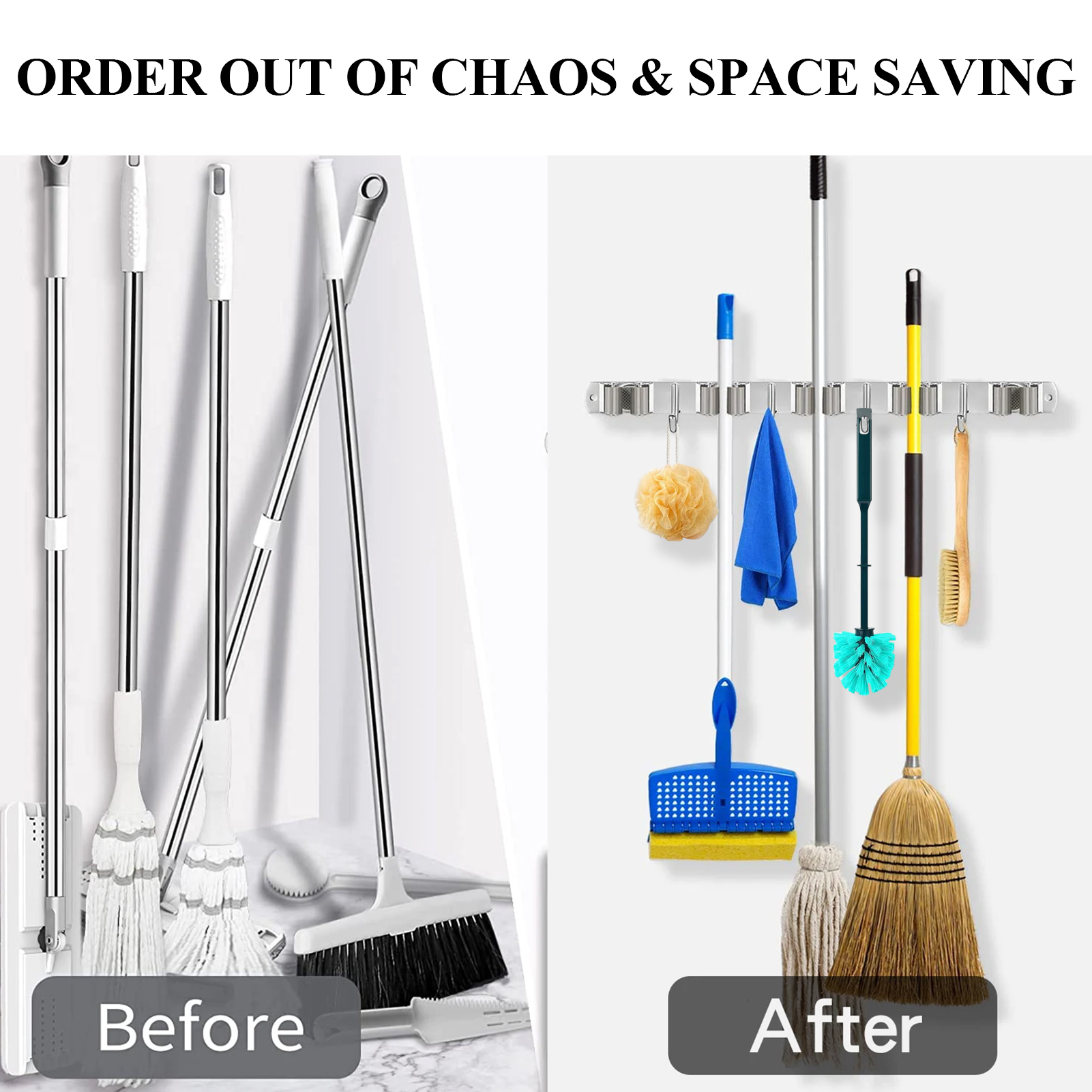 Fabulas Broom Holder Wall Mount, 5 Racks 4 Hooks, Stainless Steel photo 5