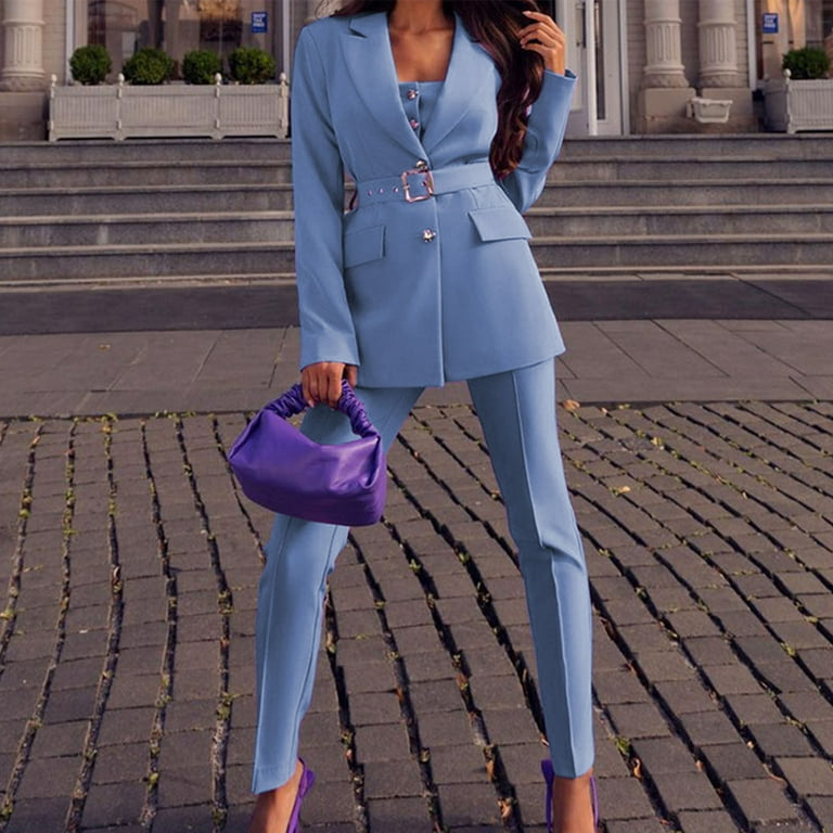 QUYUON Women Blazer Sets with Pants Suits Long Sleeve Notched