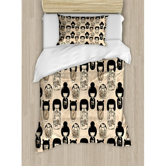 Kids Girls Twin Size Duvet Cover Set, Japanese Kokeshi Dolls with Sakura Flower Patterned Dresses Cultural Print, Decorative 2 Piece Bedding Set with 1 Pillow Sham, Black Beige Tan, by Ambesonne