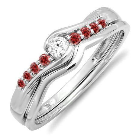 10K White Gold Ruby And White Diamond Promise Engagement Wedding Ring Set
