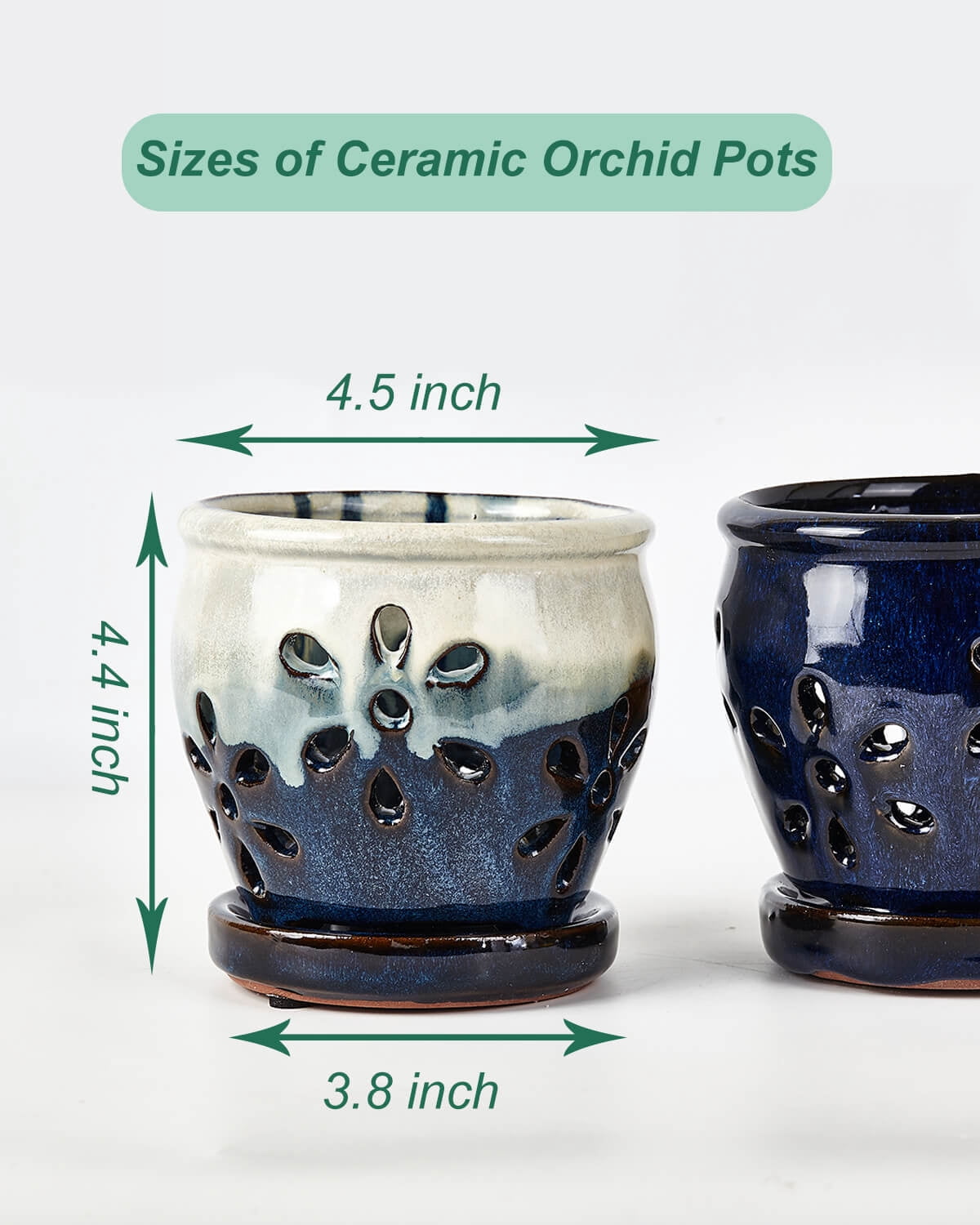 4 Inch Ceramic Orchid Pots with Holes and Saucers - 2 Pcs Small Ceramic Orchid Planter Pots for Repotting, Plant Garden Pots for Orchid Indoor and Outdoor Promotes Air Circulation (Blue, Blue Mixed)